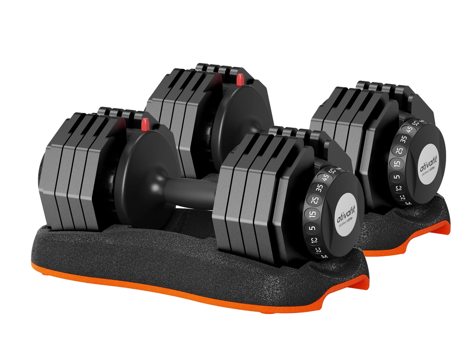 Adjustable dumbbell set with black and orange accents for fitness training