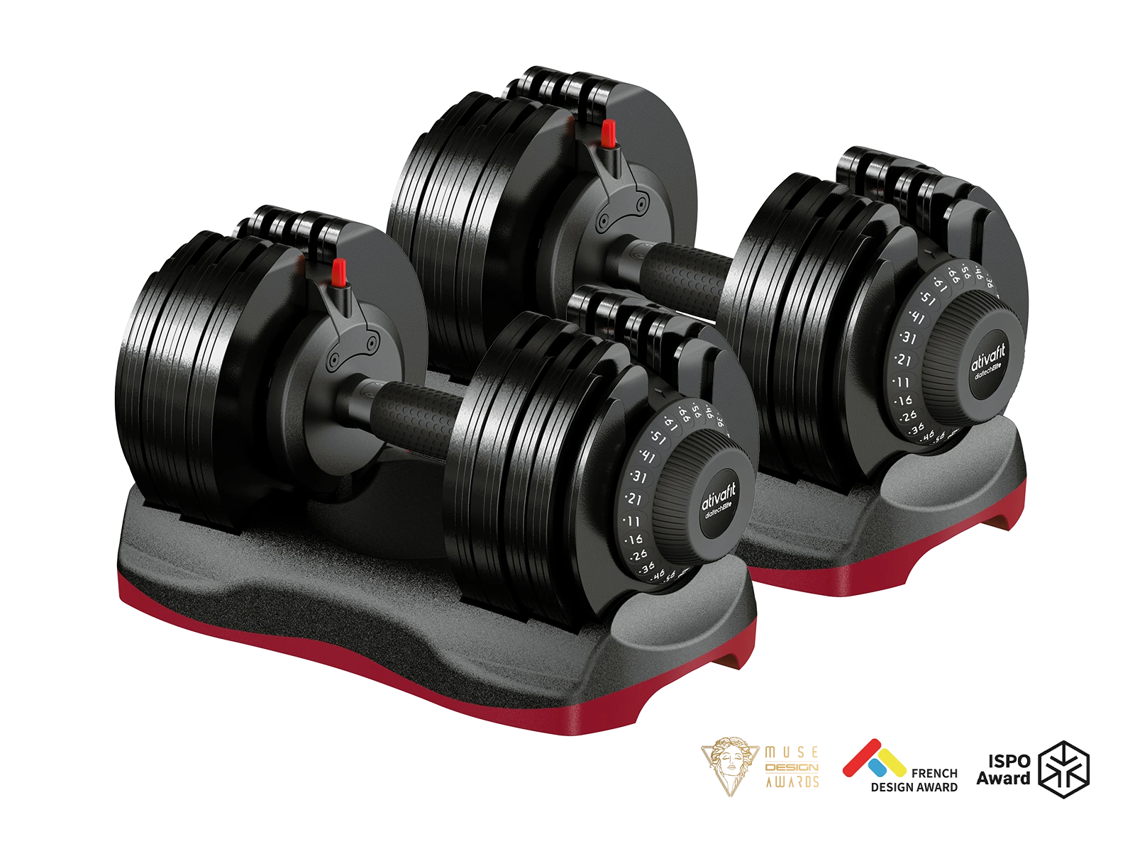 Pair of Ativafit 66 lb adjustable dumbbells on a white background with certification logos.