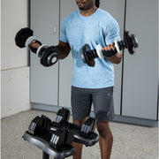 Home gym with Ativafit  adjustable dumbbells and storage stand for fitness training